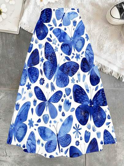 Butterfly Print Midi Skirt Blue White Floral And Insect Pattern For Spring Summer Outings And Casual Wear