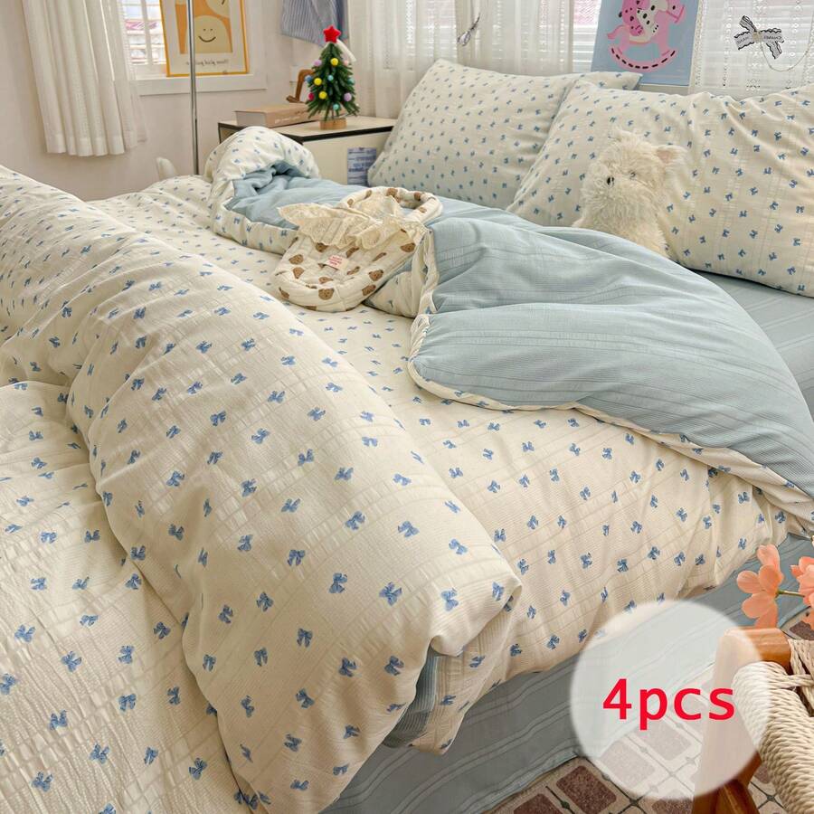 四件套床上用品,蓝色蝴蝶结图案被套,浅蓝色床单,韩式少女风卧室高品质床上用品,适用于单人床/双人床/大号床,四季皆宜,包含1个被套(不含填充物)、1个床单、2个枕套(不含填充物)。 - 蝴蝶蘭 - 查看 1