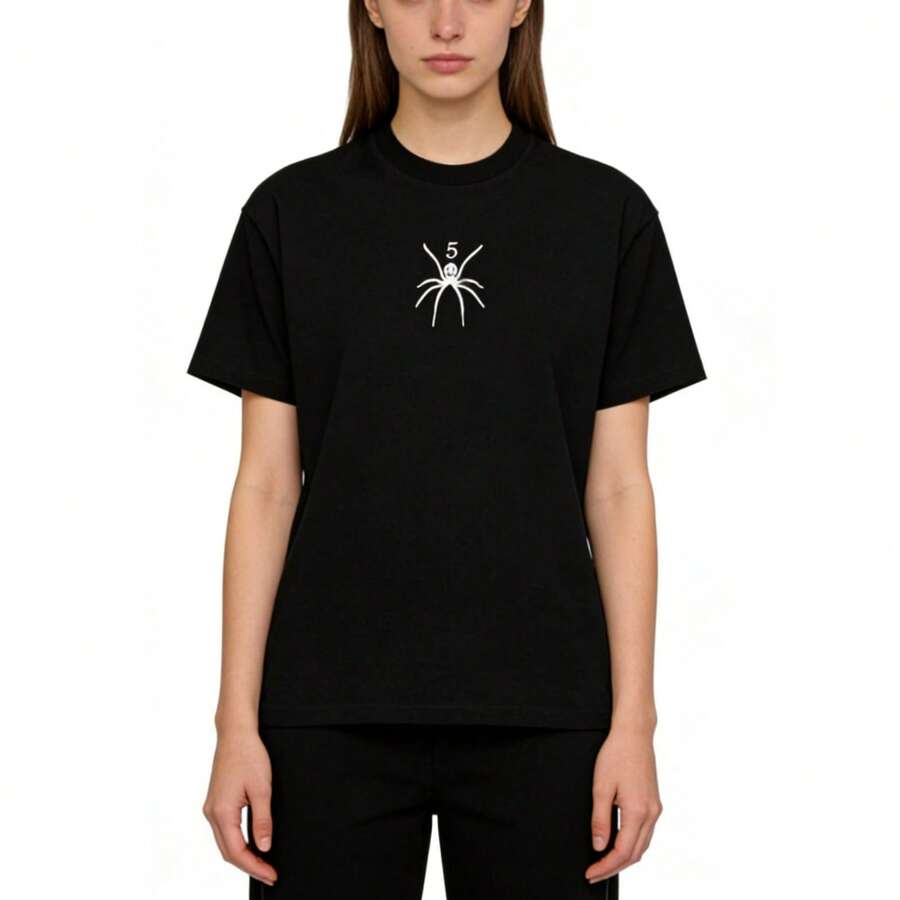 Sp5der  T-Shirts Unisex ,Classic Spider Print Design ,Summer Vintage Short Sleeve Casual ,Basic Tee Tops, Black Color - 黑色 - 查看 1
