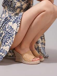 麻绳坡跟凉鞋，单带露趾，夏季度假休闲高跟防水拖鞋，日常时尚女鞋 - 卡其色 - 查看 10