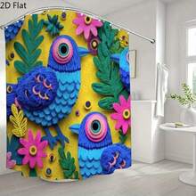 1pc Colorful Tropical Bird Flat Pattern Shower Curtain, Vivid Ceramic Effect Bird And Floral Pattern, Spring Tropical Style, Includes Hooks, Size 70.8 X 70.8 Inches, Bathroom And Home Decor - A - View 5