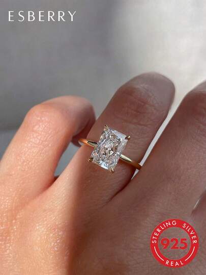 ESBERRY 1pc Elegant 925 Sterling Silver 4-Prong Unique Design Diamond Ring, Solitaire Engagement Ring, Women's Jewelry Gift, Engagement Gift, Party Gift