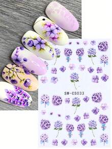 SWEET TREND 2 piezas de calcomanías de uñas 3D con flores de hortensias púrpuras, elegantes y románticas, con pétalos de flores púrpuras degradados, hojas verdes, estampado floral de primavera y verano, decoración de uñas DIY, moda, boda, autoadhesivo, esmalte de gel, salón, deslizador, suministros de arte de uñas - Multicolor - Ver 4