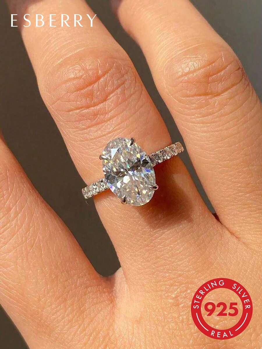 ESBERRY 1 chiếc nhẫn đính hôn/nhẫn cưới hình bầu dục sáng bóng, bạc sterling 925, nhẫn hứa hẹn/nhẫn vĩnh cửu dành cho nữ, quà tặng trang sức tinh tế.