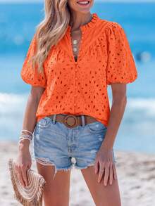 PRETTYGARDEN Women's Summer Clothes Tops Fashion Casual Short Sleeve V Neck Buttons Hollow Eyelet Lace Embroidered Blouses Shirts Festival  Beach Vacation - 橘色 - 查看 4