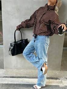 Chaqueta bomber de mujer casual y elegante con lunares azules para vacaciones, chaqueta exterior corta y con estilo, moda callejera Y2K, adecuada para vacaciones y deportes - Marrón - Ver 6