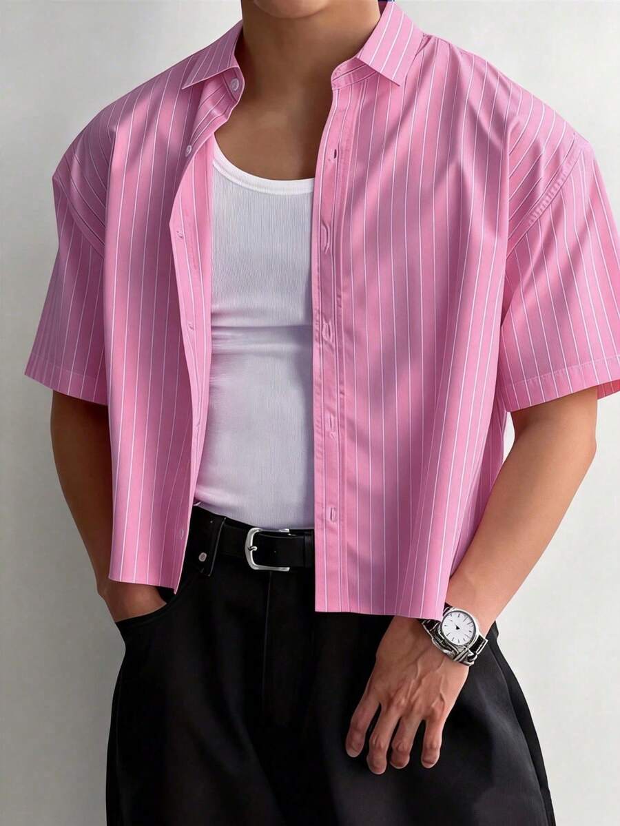 WAIT HIM Men's Casual Loose Striped Short Sleeve Shirt, Spring To Summer - Watermelon Pink - View 1
