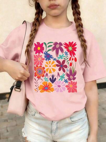 Áo thun tay ngắn cổ tròn dáng rộng in họa tiết hoa phối hợp Dopamine, kiểu dáng mới, thời trang và thoải mái cho nữ giới trẻ, mùa xuân/hè 2026. Chất liệu dễ bảo quản, thích hợp cho các hoạt động dã ngoại và du lịch mùa xuân/hè.