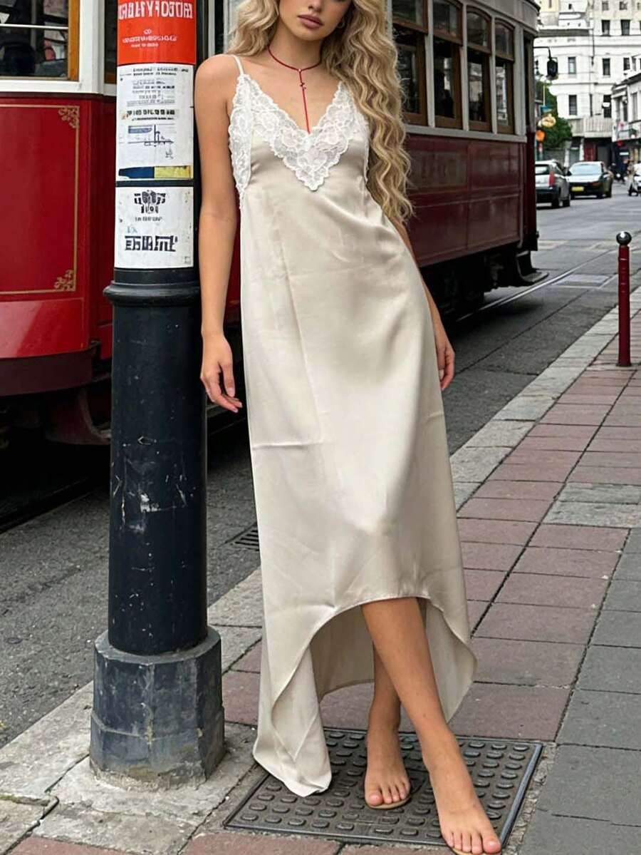Elegant and Stylish V-Neck Dress for Women: Satin-Finish Flowing Lace Maxi Dress-Perfect for Vacations and Everyday Wear-Summer Clothing - Blanco marfil - Ver 1