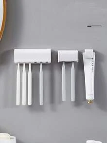 1pc Bathroom Toothbrush Holder, Multi-Function Adhesive Toothbrush Storage Rack With Cover, Holds 2/6 Toothbrushes, Bathroom Accessory, Back To School Season - White - View 4