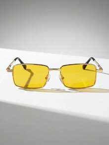 Men's Rectangular Sunglasses, Gold Metal Frame, Yellow Lenses, Retro Style, Y2K Vintage - Màu vàng - Xem 4