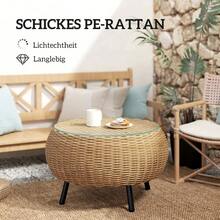 Round Polyrattan Side/Coffee Table With Glass Top, Ø75 X 42 Cm, Brown. - Brown - View 2