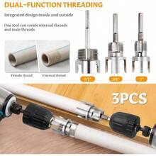 Bộ 3 dụng cụ ren trong và ngoài tích hợp, dụng cụ cắt ren ống đa chức năng, phù hợp với ống PVC/nhựa đường kính 1/2", 3/4" và 1", tương thích với bộ dụng cụ ren ống bằng máy khoan điện. - Máy mở dây tích hợp - Xem 3