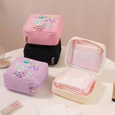 1 chiếc túi đựng băng vệ sinh bằng vải nhung kẻ in hình bướm dễ thương dành cho bé gái, dung tích lớn, túi đựng đồ vệ sinh cá nhân di động, có khóa kéo xinh xắn dùng để đựng băng vệ sinh, tampon, đồ dùng cần thiết khi đi du lịch và đi học cho phụ nữ và bé gái.