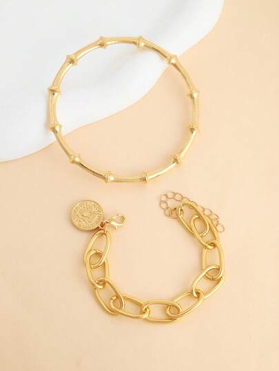 1 Set de 2 Pulseras Vintage Multicapa con Monedas, Accesorios Elegantes y Versátiles de Nudo de Bambú para Mujeres