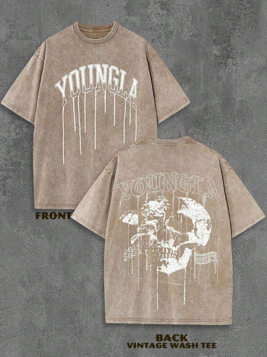 2026 New Arrival Vintage Western Washed Men Vintage Rodeo Style Comfort Tops Men's Vintage Washed Cotton YoungLA Dripping Skull Graphic Oversized T-Shirt - Retro Y2K Streetwear Style Casual Tee, Distressed Gothic Short Sleeve Top Casual Daily Outfits Streetwear Western Graphic Tee - Cà phê nâu - Xem 1