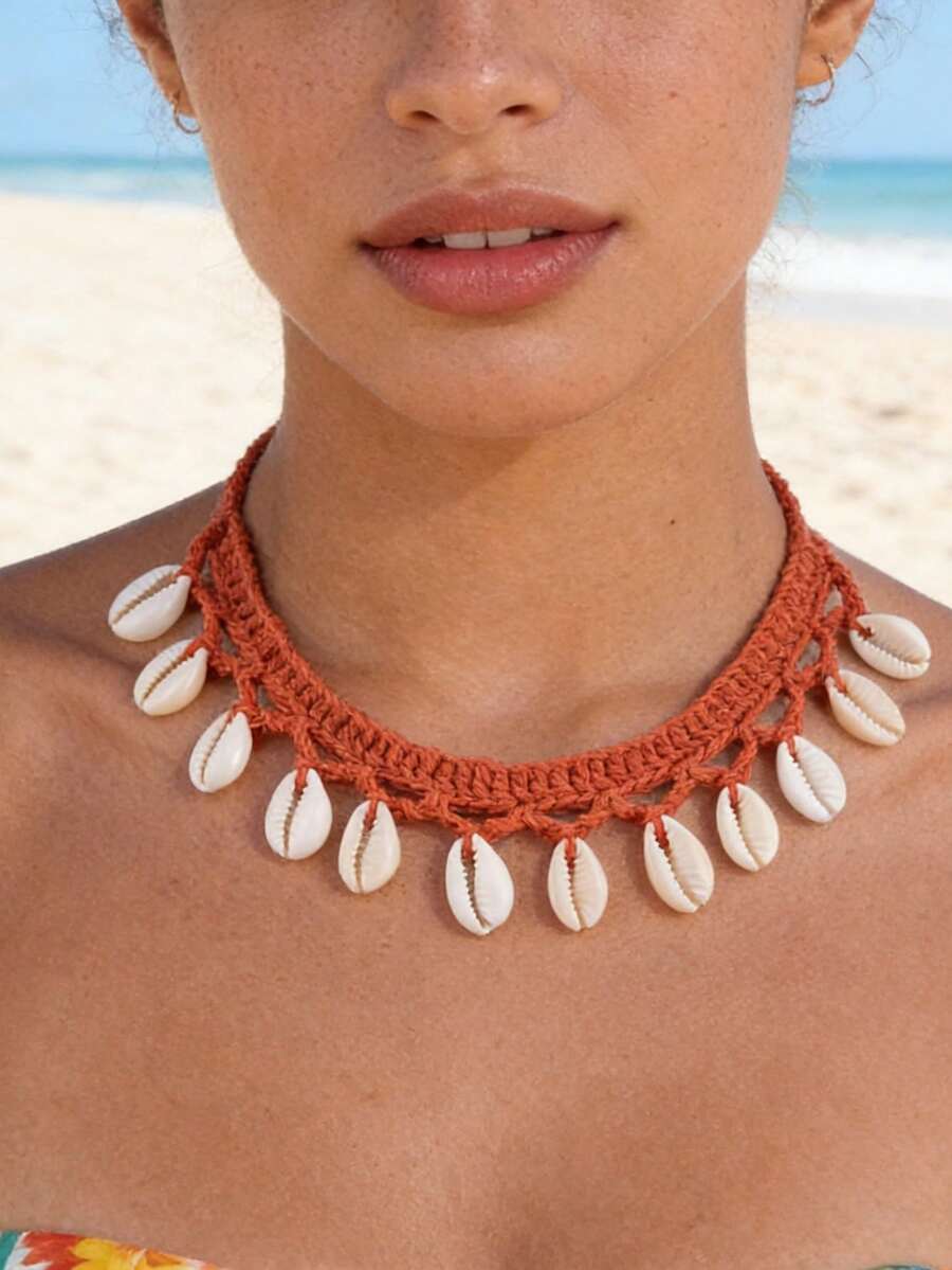 1 chiếc vòng cổ móc thủ công hình vỏ sò phong cách Bohemian, thích hợp cho phụ nữ ở Hawaii, đi biển, nghỉ mát, dự tiệc và các dịp khác. - màu đỏ gỉ - Xem 1