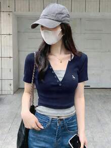 Fashionable Short Sleeve T-Shirt For Women, Summer New Arrival Casual - Navy Blue - View 3