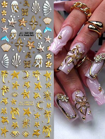 5D Embossed Gold Seashell, Jellyfish, Star, Flower Nail Stickers, Holographic Nail Art Decals For Women