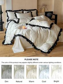 Bộ 2/3 món bằng lụa giả màu trắng đã qua xử lý, kiểu dáng jacquard với nơ và viền ren đen, phong cách tối giản sang trọng, phù hợp cho mọi mùa, phòng ngủ, phòng khách, mềm mại và thoáng khí, có thể giặt máy, cỡ Queen, King (1 vỏ chăn + 1/2 vỏ gối, không kèm ruột chăn) - trắng - Xem 7