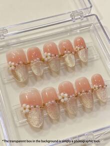 10片装3D迷你白色花朵美甲贴纸，杏仁形中长款金色猫眼法式极简风格，Y2K软妹可爱花朵手工美甲贴纸，适合日常佩戴，甜美极简假指甲，美甲用品手工贴纸，美甲工具，按压式假指甲，手工亚克力按压式假指甲 - 玫瑰金 - 查看 12