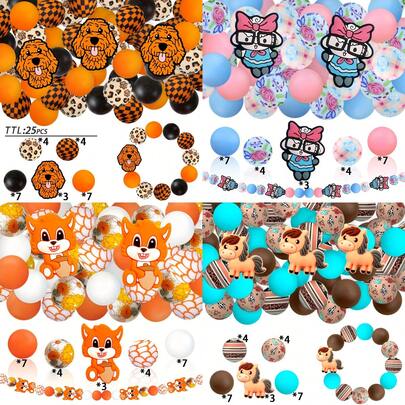 25颗硅胶珠，包含绵羊、马、松鼠、狗、奶牛纹、格子、蝴蝶结、花卉图案、心形等小动物元素，时尚设计，适用于珠宝制作、DIY手链、挂绳、串珠笔、节日装饰及其他手工艺品——是生日、春季、夏季、父亲节、母亲节的理想礼物制作配件——串珠套装，串珠用品