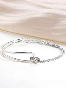 1pc S925 Sterling Silver Fashionable Minimalist Elegant Geometric Patchwork Bracelet, Versatile Daily Wear For Women - Silver - View 2