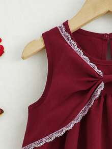 Đầm công chúa không tay màu đỏ tía, viền ren, nơ, dành cho bé gái, mùa hè. - Màu Đỏ Sâu - Xem 3