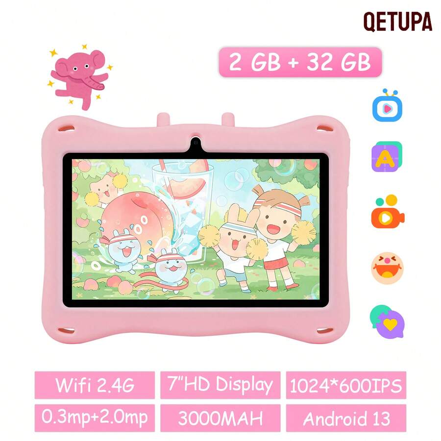 Qetupa 7英寸大象图案安卓13儿童平板电脑,A133四核1.6GHz处理器,2GB RAM+32GB ROM,1024*600 IPS触控屏,3000mAh电池,0.3MP+2.0MP双摄像头,2.4G 802.11b WiFi,配备防摔保护套,适合作为儿童圣诞礼物 - 粉色 - 查看 1