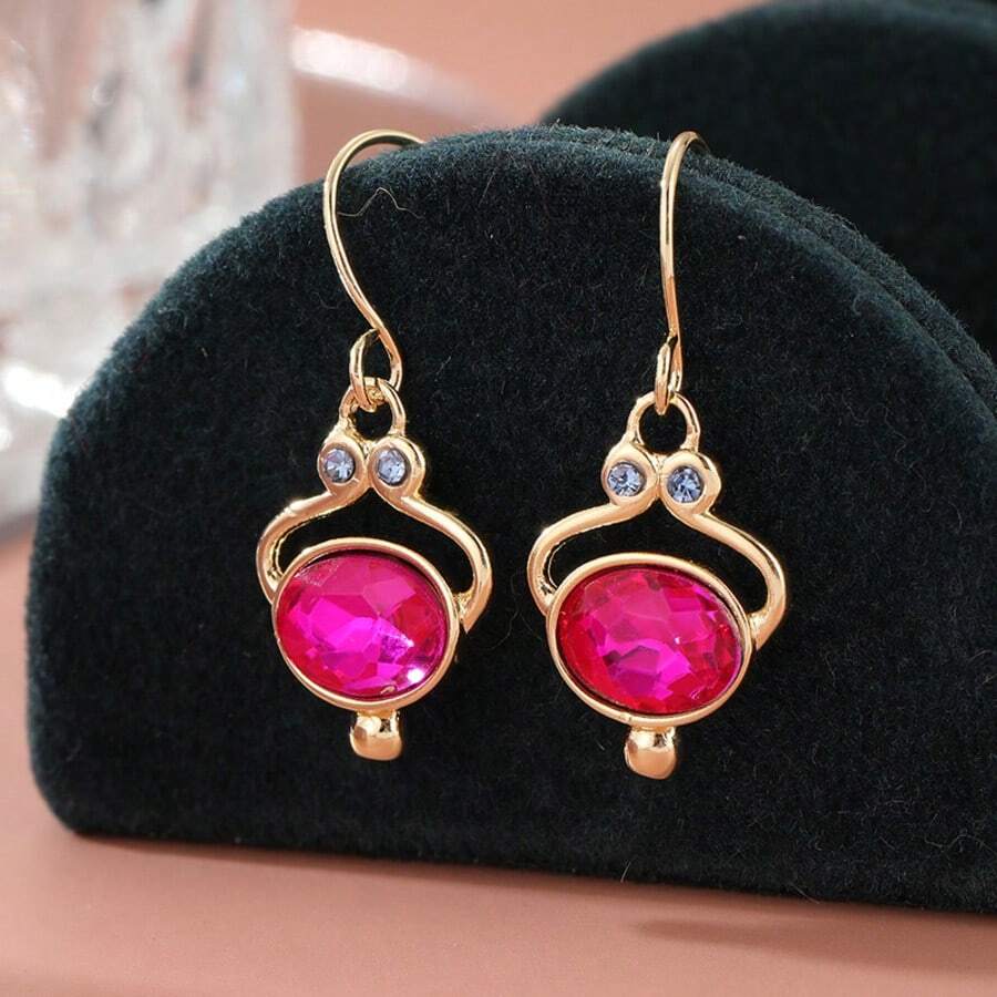 1对经典优雅女士红色简约吊坠耳环，中长款，适合婚礼、派对和节日礼物 - 金色 - 查看 1