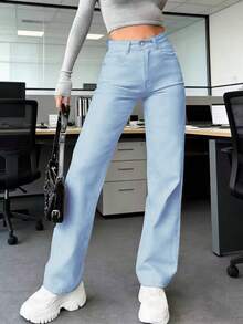 Quần jean nữ màu trắng dáng suông, thanh lịch và thoải mái, có túi, cúc, khóa kéo và chất liệu vải co giãn vừa phải. - Rửa nhẹ - Xem 6