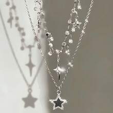 2 chiếc vòng cổ nhiều lớp đính đá ngôi sao Zirconia, vòng cổ choker thời trang sang trọng, thanh lịch, mang đến vẻ quyến rũ ngọt ngào và cá tính, dây chuyền hình giọt nước lấp lánh, vòng cổ hình thánh giá mới. - Bạc - Xem 1