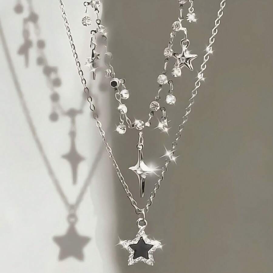 2 chiếc vòng cổ nhiều lớp đính đá ngôi sao Zirconia, vòng cổ choker thời trang sang trọng, thanh lịch, mang đến vẻ quyến rũ ngọt ngào và cá tính, dây chuyền hình giọt nước lấp lánh, vòng cổ hình thánh giá mới. - Bạc - Xem 1