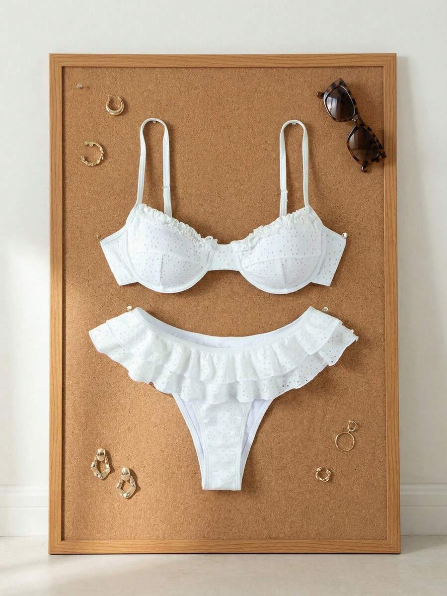 2026 Summer & Spring French Style White Ruffle Bikini Swimsuit, Sexy Beach Vacation 2 Pieces Swimwear, Fashionable Girl Style - White - View 1