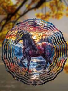 A Beautiful Stained Glass Horse Wind Spinner - 3D Metal Kinetic Garden Art For Indoor/Outdoor Decor - Battery-Free Wind Chime For Patios, Lawns, And Gardening - 1PC - View 2