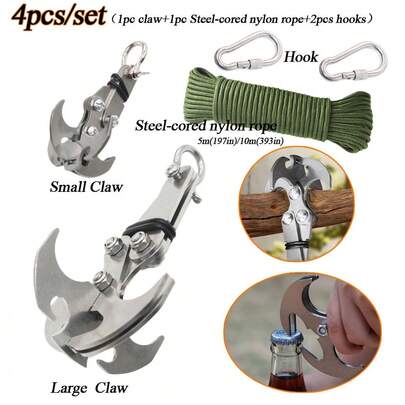 Bộ phụ kiện ngoài trời 4 món, móc gấp đa năng bằng thép với thiết kế 4 càng bền chắc, bao gồm dây thừng chuyên nghiệp dài 10m/393in, thích hợp cho leo núi, cắm trại, dã ngoại và làm quà tặng.