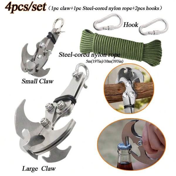 Bộ phụ kiện ngoài trời 4 món, móc gấp đa năng bằng thép với thiết kế 4 càng bền chắc, bao gồm dây thừng chuyên nghiệp dài 10m/393in, thích hợp cho leo núi, cắm trại, dã ngoại và làm quà tặng.
