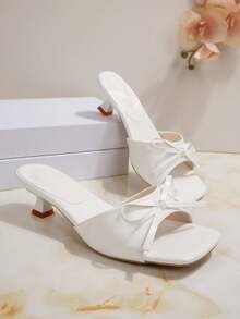 Women's Elegant Solid Color High Heel Sandals, PU Leather & Mesh Splice, Suitable For Beach, Party, Outdoor In Summer - White - View 3
