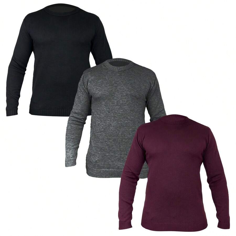Kit 3 Sueter Masculino Tricot Lã Masculina Canelada Gola Redonda  Outono / Inverno    Ajuste Regular    Diário  Feriado  Noite  Para sair  Casa