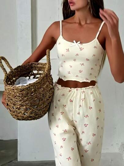 2pcs Ditsy Floral Women Camisole Crop Top + Elastic Waist Straight Pants Pajama Set, Cute Loungewear