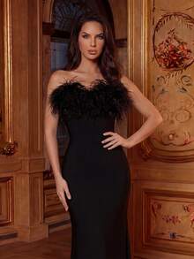 Modphy Đầm maxi trễ vai không tay, gợi cảm, đính lông vũ giả, hở lưng, kiểu băng quấn, thích hợp cho tiệc cưới, phù dâu, sinh nhật, tiệc cocktail mùa xuân. Màu đen. - màu đen - Xem 2
