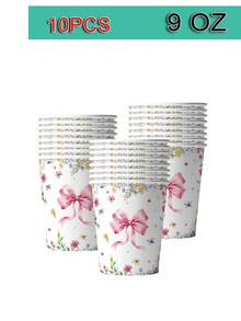 10pcs Pink Ribbon Bow Party Supplies Set, Including Plates, Napkins, Suitable For Wedding, Bachelorette Party, Birthday Party, Girly Theme Events - Multicolor - View 8