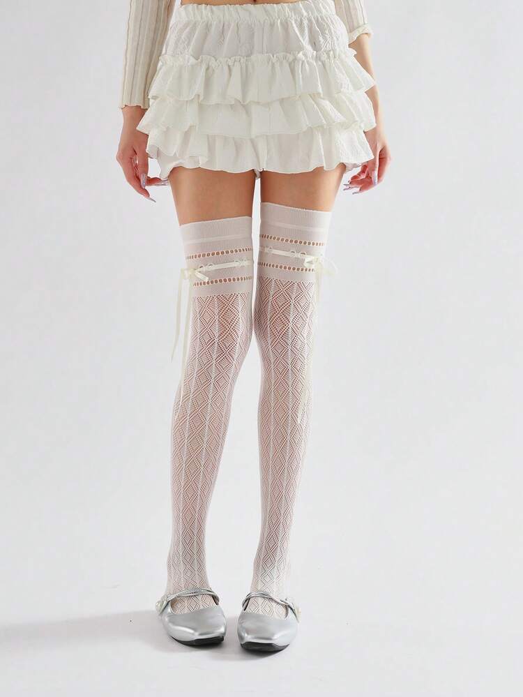 Vớ cao đến đùi kiểu ballet mùa xuân hè, thắt nơ, họa tiết hình thoi rỗng, vớ ren phong cách Lolita cổ điển. - Nhiều màu - Xem 6