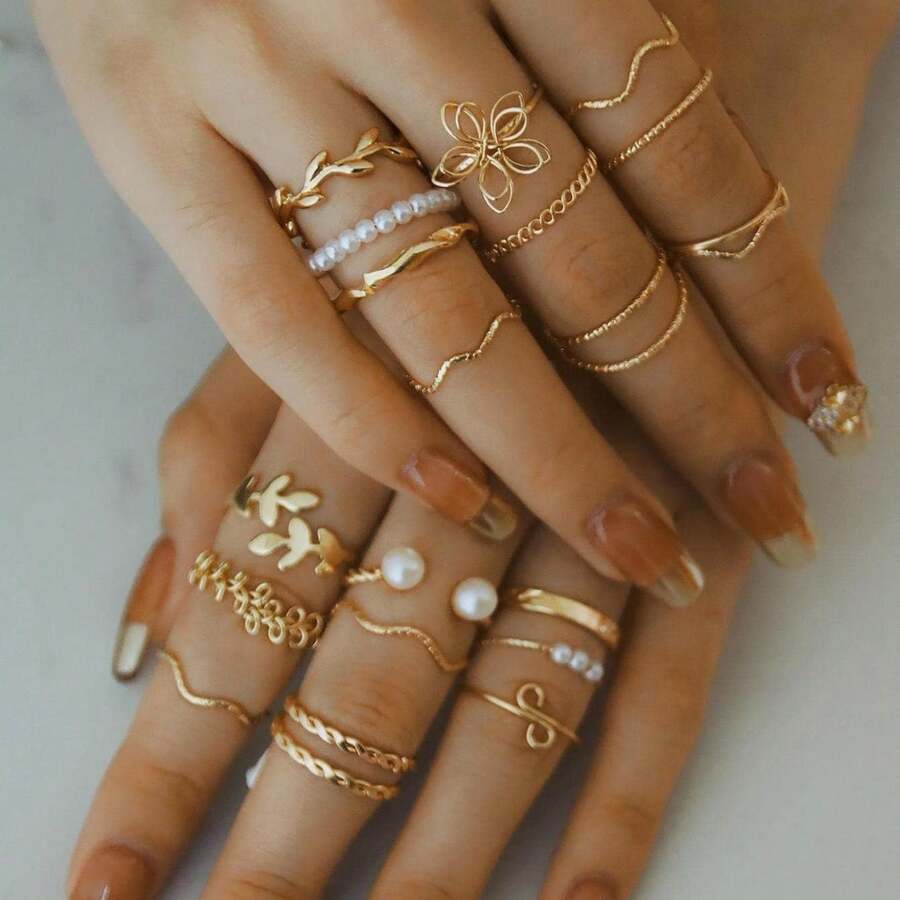 20件套波西米亚风多关节女士戒指套装，时尚叠戴戒指套装，仿珍珠镂空花朵几何戒指，适合日常休闲、派对和度假佩戴。 - 彩色 - 查看 1