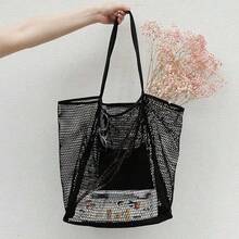 1pc Foldable Beach Tote Bag, Casual Handbag, Women's Collapsible Shoulder Bag, Suitable For Beach Picnic Vacation, Large Capacity Waterproof Beach Bag, Lightweight Foldable Beach Bag, Portable Travel Bag, Travel Essential, Multifunctional Shoulder Shopping Bag, Hollow Beach Net Handbag, Large Capacity Bathroom Swimming Storage Bag, Multifunctional Travel Toiletry Bag, Bathroom Bag And Shoulder Tote Bag, Suitable For Travel - Multicolor - View 11