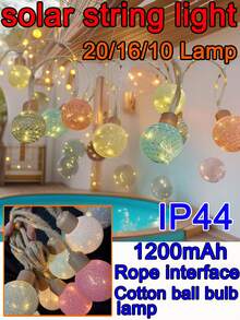 Luzes de corda de bolas de algodão alimentadas por energia solar à prova d'água para uso externo, com 10, 16 ou 20 lâmpadas. Equipadas com bateria de 1200mAh. Adequadas para decoração de jardim, montagem de sacada e cenários de quintal. - multicolorido - Visão 1