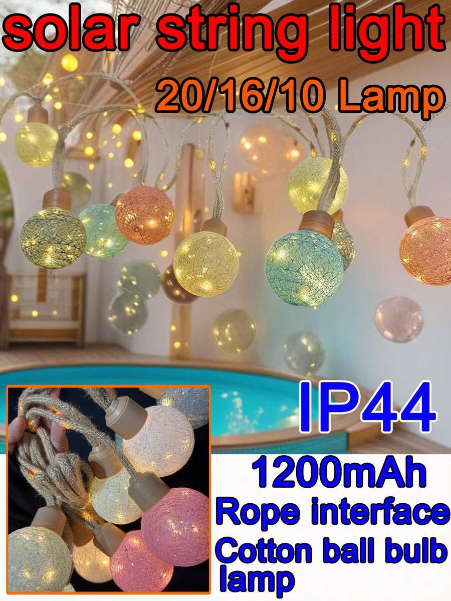 Luzes de corda de bolas de algodão alimentadas por energia solar à prova d'água para uso externo, com 10, 16 ou 20 lâmpadas. Equipadas com bateria de 1200mAh. Adequadas para decoração de jardim, montagem de sacada e cenários de quintal. - multicolorido - Visão 1