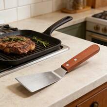 Espátula de cocina de acero inoxidable con mango de madera dura en ángulo, paleta para panqueques y pasteles, utensilio de cocina para asar a la parrilla, hornear y cocinar en casa - - - Ver 9