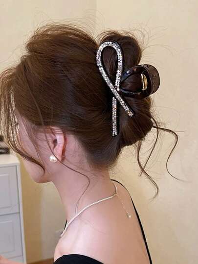 Pinza de pelo con lazo de strass grande para damas, accesorio de pelo clásico y versátil de moda, pinza de pelo gruesa adecuada para peinados semi-recogidos, apta para vacaciones, fiestas, salidas, días festivos, un accesorio de pelo de regalo para niñas