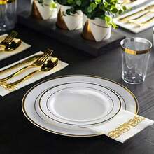 25件套（7.5英寸/10.25英寸）白色圆形双边金边餐盘，可重复使用且可清洗，适用于婚礼、派对、宴会、情人节、感恩节、圣诞节等各种场合，宴会餐具，派对餐盘，节日设计，时尚餐具，可重复使用，易于清洁，可盛放食物，餐饮服务 - 彩色 - 查看 5